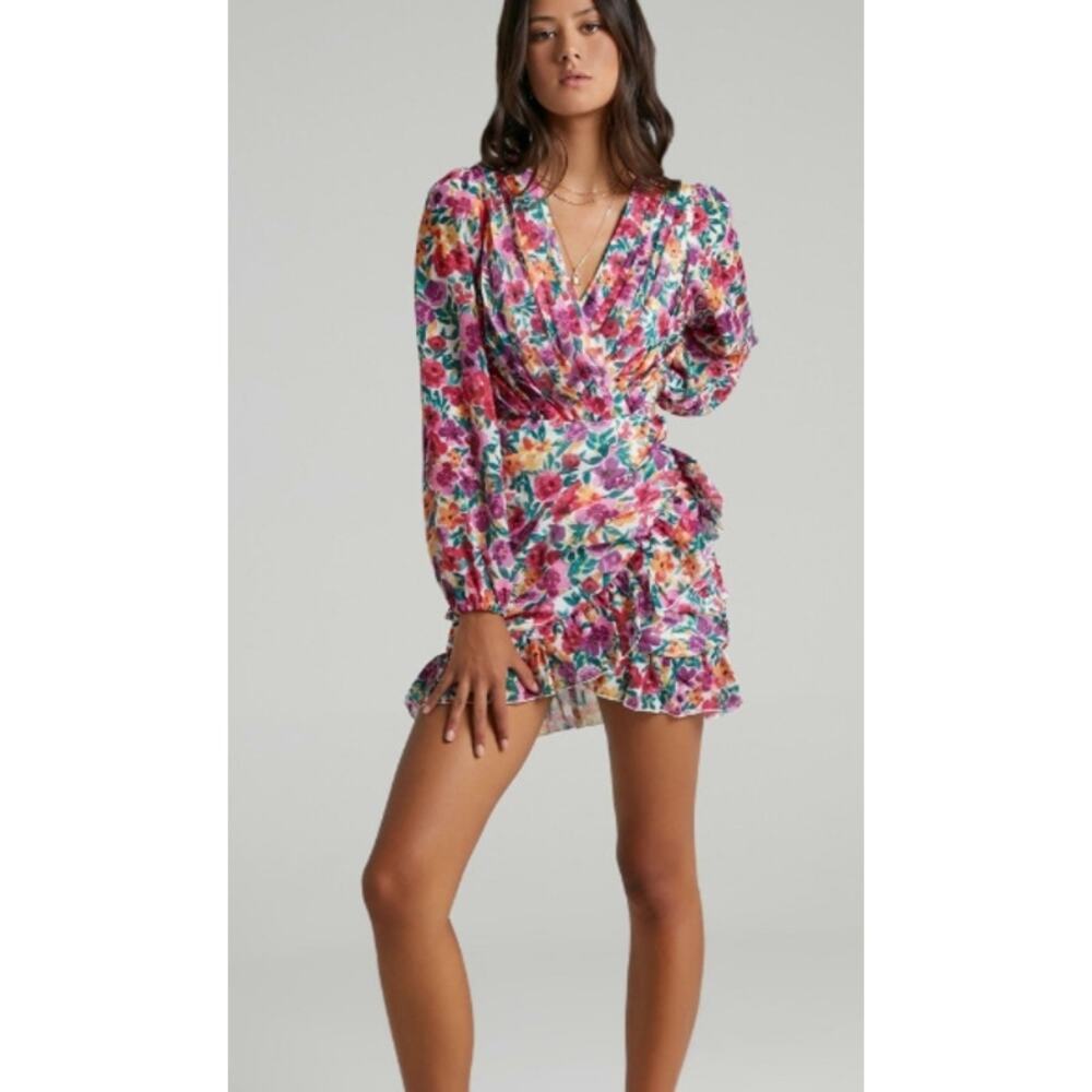 Showpo Can I Be Your Honey Dress in Packed Floral faux wrap ruffle multicolor 4